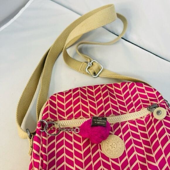Kipling Crossbody Nylon Purse HOT Pink Handbag Gorilla Keychain Tan Excellent co - Picture 4 of 8